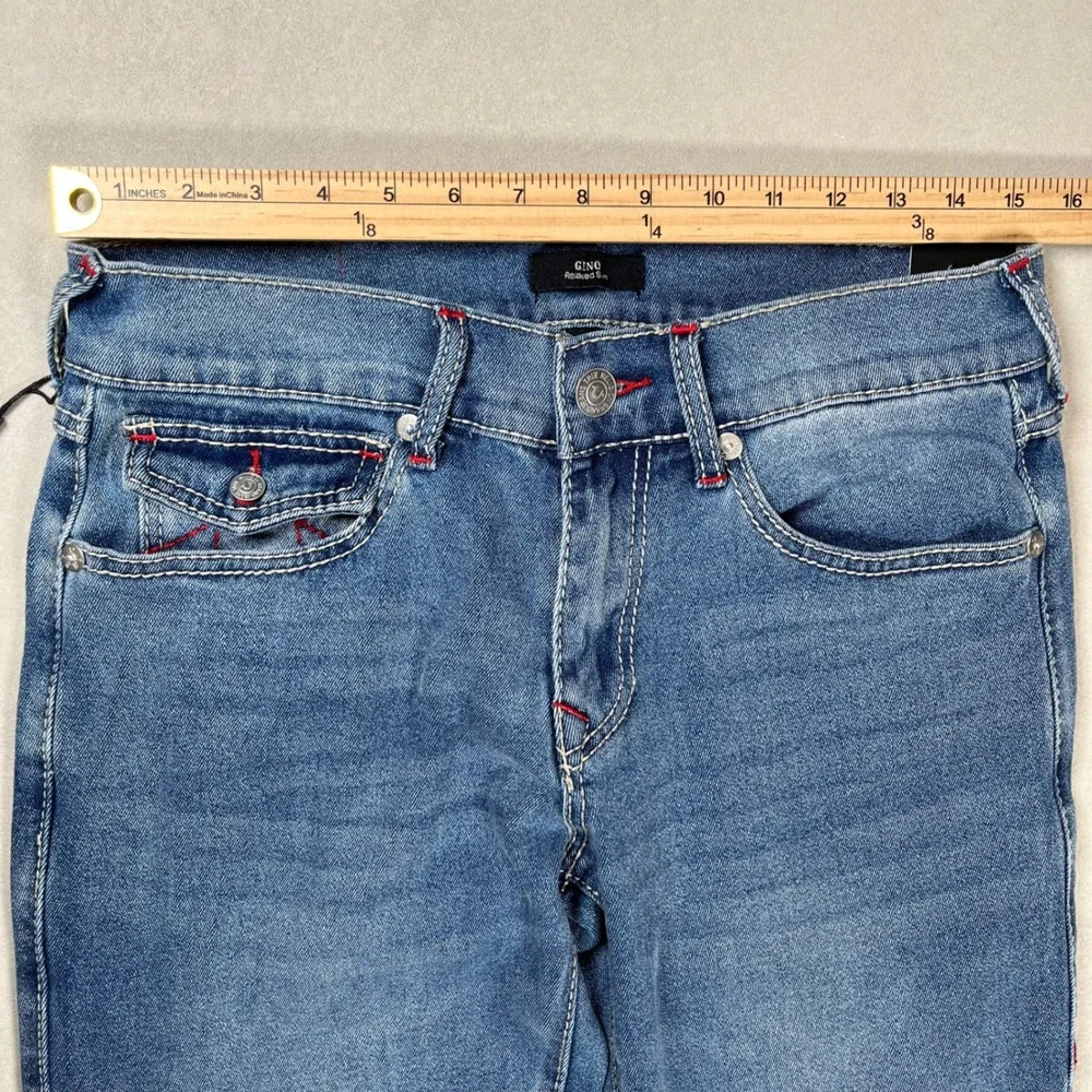 New True Religion Geno Big T Flap Jeans Men 30 Blue Relaxed Slim Red Stitch NWT